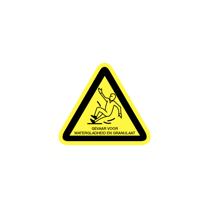 Gevaar voor watergladheid en granulaat.