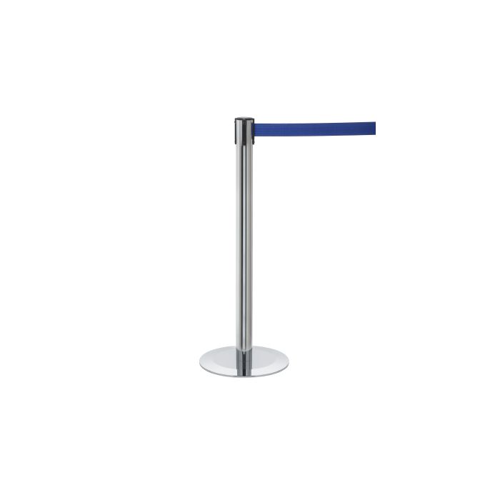 Paal chroom met uittrekbaar lint 3,65 meter, kleur lint blauw