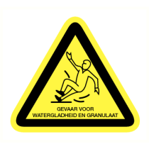 Gevaar voor watergladheid en granulaat.