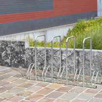 Verzinkt fietsenrek voor 5 fietsen, face to face schikking, fietsen staan op 1 niveau, met 4 anti-diefstalbeugels, afmeting 132 x 33 x 83 cm (lengte x breedte x hoogte)
