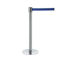 Paal chroom met uittrekbaar lint 3,65 meter, kleur lint blauw